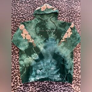 CIVIL REGIME - NWOT -EMERALD MARBLED HOODIE W EMBROIDERY ON SLEEVES AND HOOD